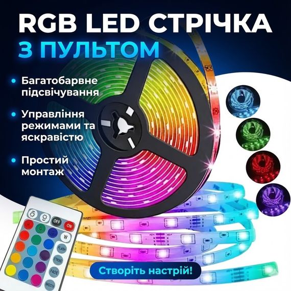 ОЧЕНКА! Світлодіодна стрічка з пультом керування та блоком живлення SMD 3528 5 м (Плохе паковання 3372)