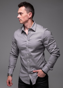 Мужская льняная рубашка с длинным рукавом на пуговицах цвет серый, размер L  RA2389