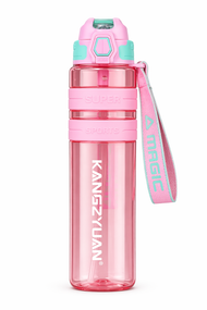 Спортивная бутылка KANGZYUAN 1000 мл (1 л) - Розовая Tritan BPA-free, ударопрочная эко-бутылка с трубочкой и ремешком