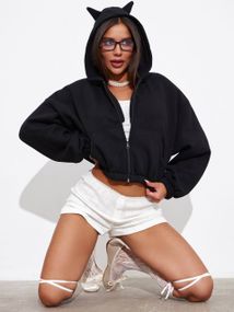 Женское теплое укороченное худи на флисе с рожками LU607, черный, размер 42/44