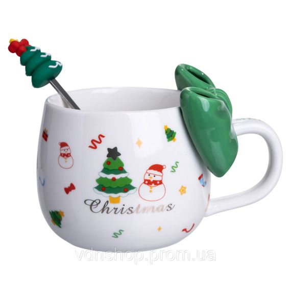 Новогодняя фарфоровая чашка с ложкой Merry Christmas 400 (мл) Зеленый Yiwu FM-CS-19B | Зображення 1