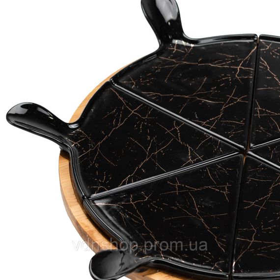 Тарілка для піци 28 см порцелянова з бамбуковою підставкою, що обертається, секційна чорна HP1247 | Зображення 6