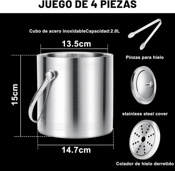 Ведро для льда 2л с крышкой, щипцами, ситечком термоизолированное с двойными стенками для охлаждения напитков. | Зображення 1