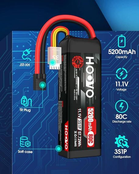 Аккумулятор HOOVO 11.1V 80C 5200mAh 3S LiPo с вилкой Tracxas для радиоуправляемого автомобиля RC грузовика | Зображення 2