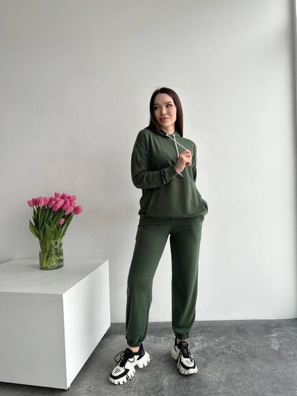 Женский спортивный костюм худи и джоггеры демисезонный двунитка BF536 размер 42/44, цвет хаки