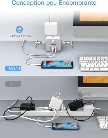 Сетевой удлинитель TESSAN USB Power Strip Cube, 3 розетки, 3 USB-порта, выключатель, 1.5 м, серый | Зображення 4