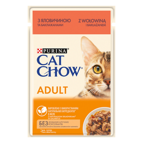Вологий корм для дорослих котів Purina Cat Chow Adult ніжні шматочки в желе з яловичиною та баклажанами 85 г 85 г