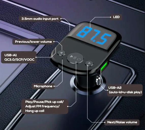 FM модулятор трансмиттер блютуз LDNIO C706Q Bluetooth адаптер зарядное утройство 2 USB Черный | Зображення 4