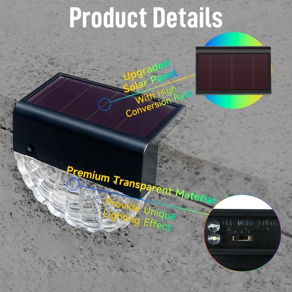 Світильники садові сонячні LED, набір 6 шт, тепле біле світло 7 кольорів, освітлення для сходів, тераси, двору IP55 водонепроникні | Зображення 4