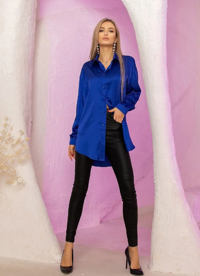 Женская шелковая блуза-рубашка длинная в стиле оверсайз MI544 цвет синий, размер 42/46 | Зображення 4