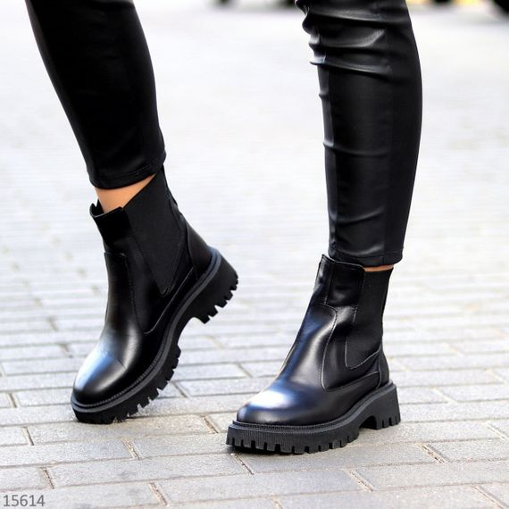 Стильні чорні шкіряні зимові чолсі черевики низький хід | Зображення 3