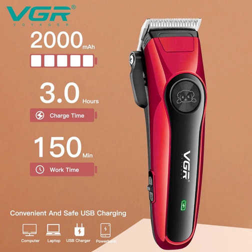 Машинка для стрижки тварин VGR V 202 акумуляторна з 4 насадками 3-12 мм для грумінгу собак та котів 10 Вт Червона | Зображення 2