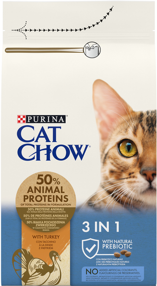 Сухий корм Purina Cat Chow Feline 3-in-1 для дорослих котів із формулою потрійної дії, індичка 1.5кг | Зображення 1