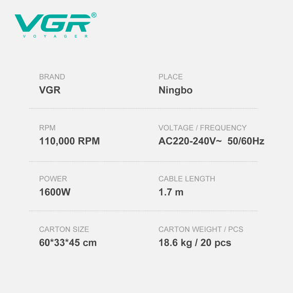 Фен профессиональный VGR V-445 BLUE, 3 уровня обдува, 4 уровня температуры, 1600 Вт, 110000 RPM | Зображення 2