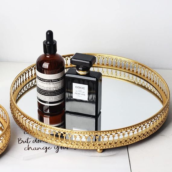 Таця дзеркальна декоративна, піднос 25 см круглий металевий золотистий для парфумів, косметики, прикрас, десертів | Зображення 1