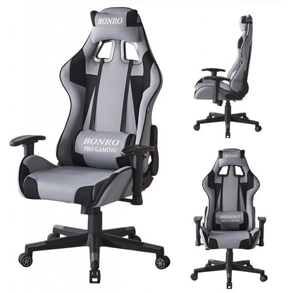 Крісло геймерське з тканини Bonro Бонро B-142 сіре + 2 подушки (42401114)