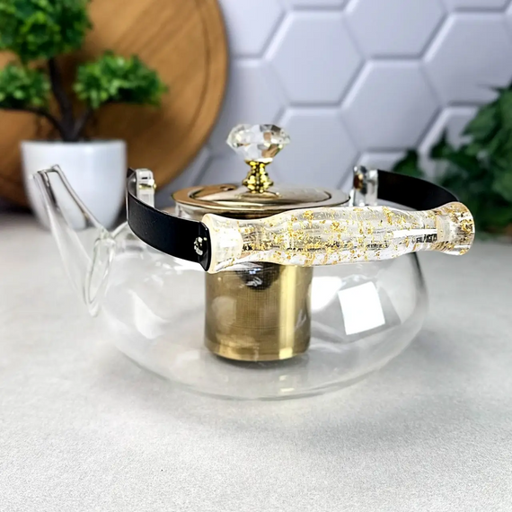 Стильный стеклянный чайник Oolong GK-5813 1 л с золотистыми элементами и удобным заварочным фільтром Прозрачный | Зображення 4