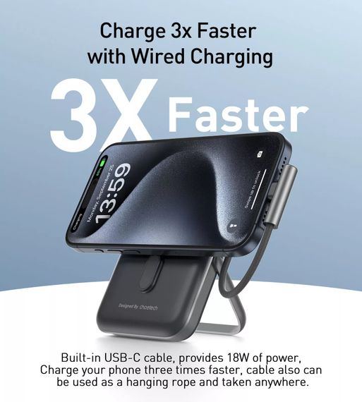УМБ Choetech Magnetic Wireless 10000mAh 20W PD USB-C In/Out,Qi-15W,build-in cabel  Black | Зображення 4