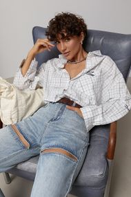 Сорочка в клітинку з вишитим написом на кишені - синій цвет, ONE SIZE (є розміри)