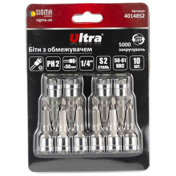 Набір біт Ultra з обмежувачем PH2×50мм ¼" 10шт S2 (блістер) 4014852