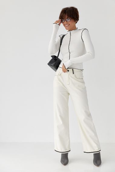 Лонгслів у рубчик з контрастними швами назовні - молочний цвет, M (є розміри) | Зображення 2