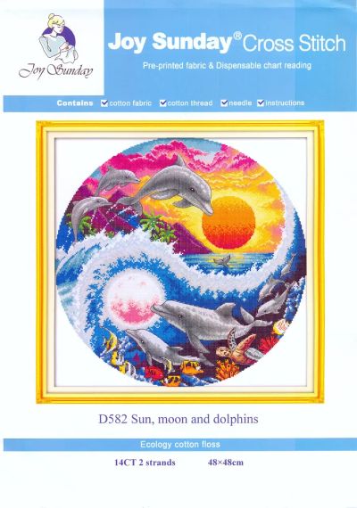 Набір для вишивання за нанесеною на канву схемою "Sun,moon and dolphins". AIDA 14CT printed, 48*48см | Зображення 1