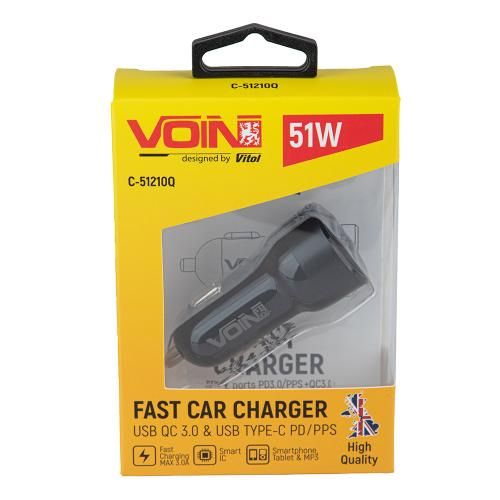Автомобільний зарядний пристрій VOIN 51W, 1USB QC3.0 18W + 1PD 33W, 12/24V | Зображення 2