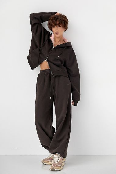 Теплий спортивний костюм з капюшоном із рожевим начосом - темно-коричневий цвет, M/L (є розміри) | Зображення 4