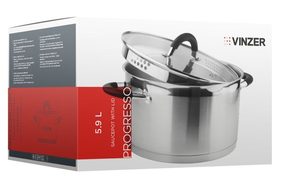 Каструля Vinzer Progresso 50055, 5.9 л, 24 см, з нержавіючої сталі з кришкою, для всіх типів плит | Зображення 2
