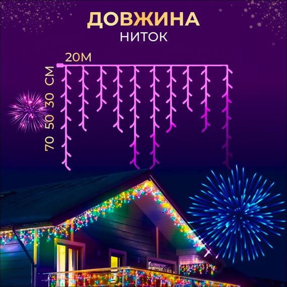 Вулична гірлянда бахрома 20 (м) 390 led світлодіодів зовнішня мультиколор чорний дріт | Зображення 1