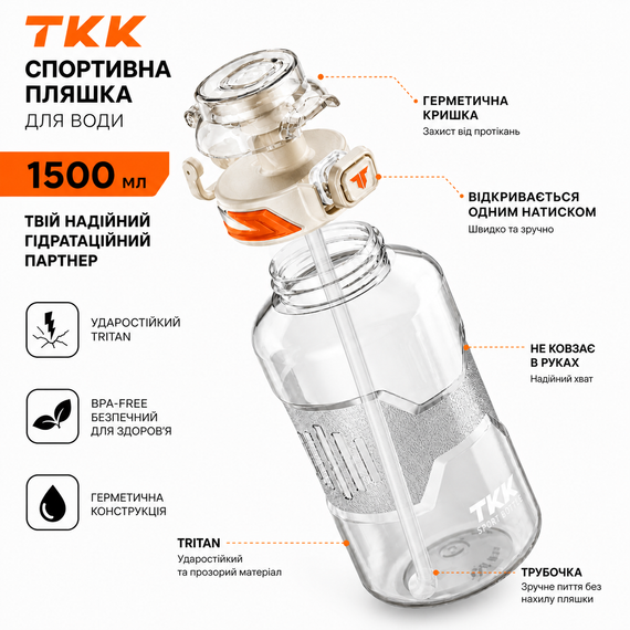 Спортивная бутылка для воды TKK 1500 мл (1.5 л): ударопрочный Tritan BPA-free, Белая | Зображення 8