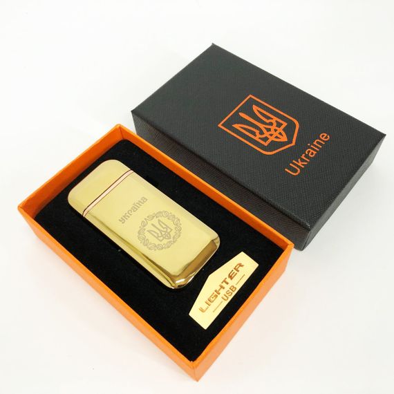 Дугова електроімпульсна запальничка USB Герб України індикатор заряду, ліхтарик HL-442. Колір: золотий | Зображення 2