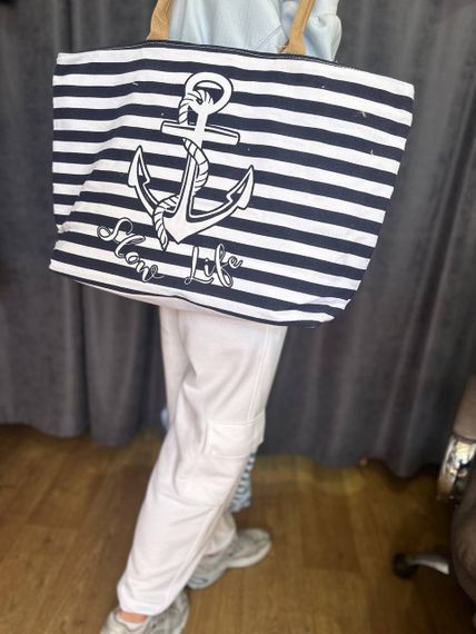 Женская большая пляжная сумка в полоску с якорем одно отделение на молнии AV609 размер 48/36, темно-синяя