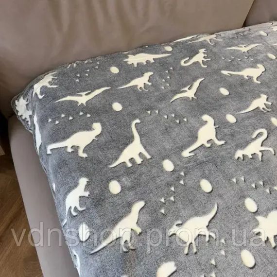 Флісовий плед полуторний 150х100, що світиться в темряві Динозаври сірий | Зображення 3