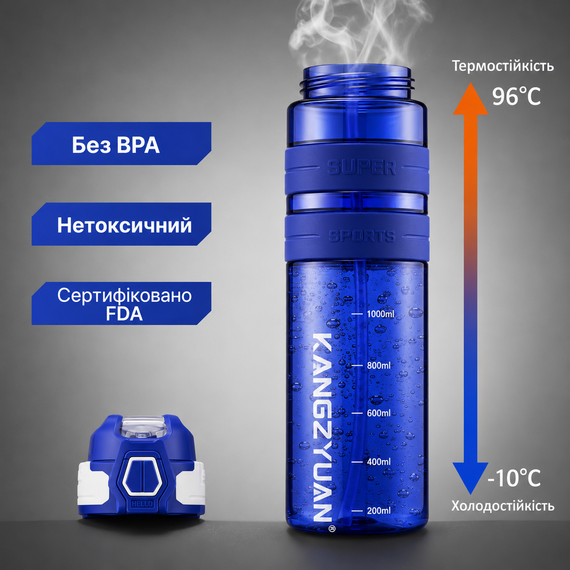 Спортивная бутылка KANGZYUAN 500 мл - Синяя Tritan BPA-free, ударопрочная эко-бутылка с трубочкой и ремешком | Зображення 3