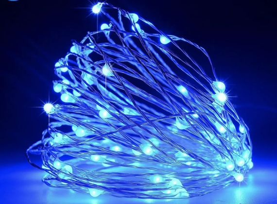 Новогодние гирлянды. Медная проволочная лампа 100LED 10м, Цвет Синий Силиконовый провод (7107)