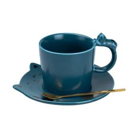 Чашка с блюдцем и ложкой фарфоровая 250 мл Котик Синяя HP7202BL