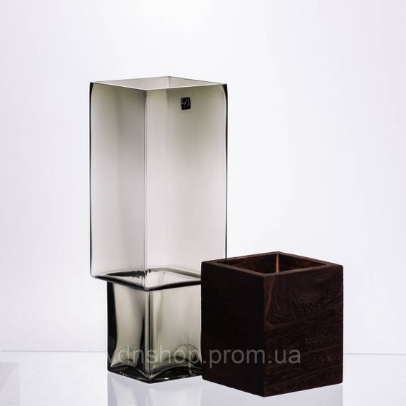 Скляна декоративна ваза квадратна, стильна ваза скло з деревом для квітів прозора HP-32-7 | Зображення 2
