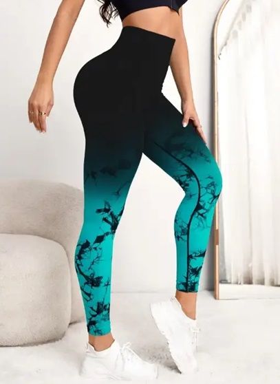 Легінси жіночі спортивні з пуш-ап Tie Dye gradient 18748 M чорні з бірюзовим | Зображення 2