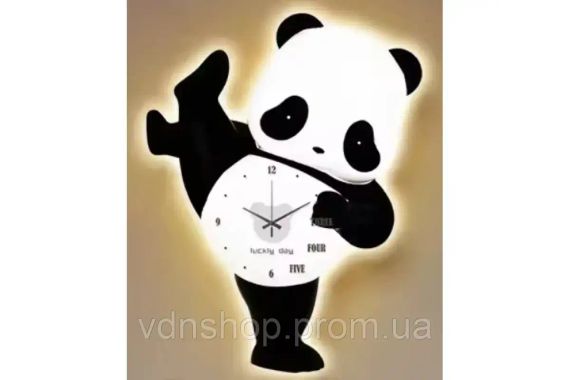 Детские настенные часы со светодиодной подсветкой в ​​виде панды / Декоративные LED-часы Панда без звука с мягкой подсветкой | Зображення 2