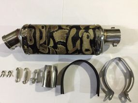 Глушник тюнінг мото 370 * 100mm, креп. Ø48mm нержавейка, овал, сріблясто-синій, прямоток