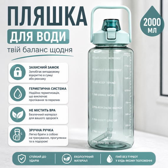 Стильная спортивная бутылка для воды SPORT (2000 мл) - Эко-пластик BPA-free, Зеленый градиент | Зображення 3