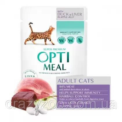 Консерва для дорослих котів OptiMeal Adult Hairball Control шерстьовивідний качка зі шматочками печінки в яблучному | Зображення 1