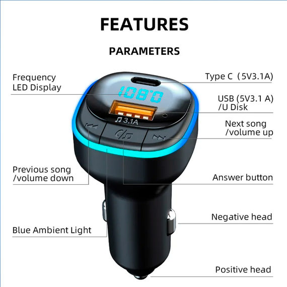 Автомобильный FM ФМ модулятор Terra С33, Bluetooth 5.0, трансмиттер, вольтметр, USB 3.1А, Type C | Зображення 3