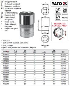 Головка 6-гранная короткая 3/8" М10х28 мм Польша YATO YT-3805