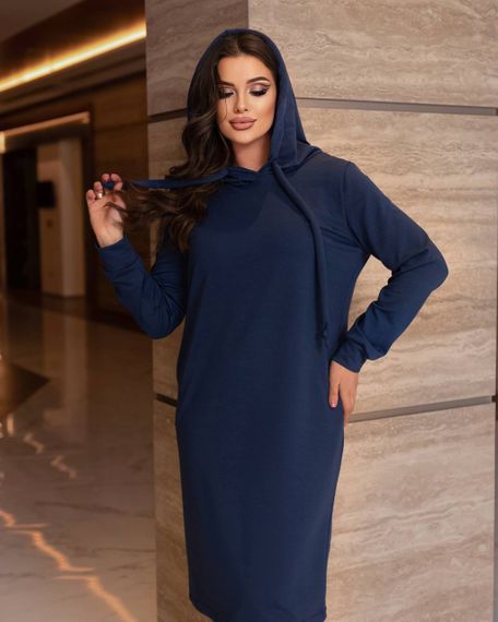 Жіноча довга вільна спортивна сукня-худі з капюшоном колір темно-синій, розмір  58/60 IS830 | Зображення 1