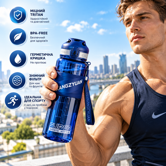Спортивная бутылка KANGZYUAN 700 мл синяя — Tritan BPA-free, ударопрочная бутылка для воды с фильтром и ремешком. | Зображення 9