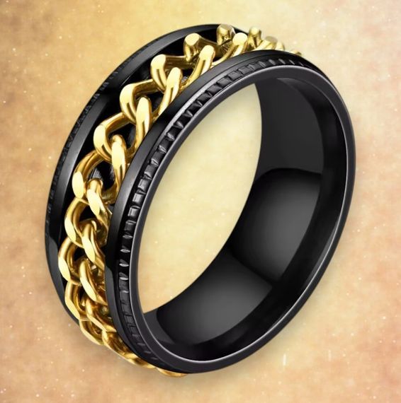 Стильна чорна каблучка з нержавіючої сталі з обертовими золотистими ланцюжками 22