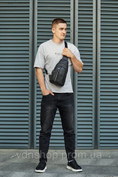 Сумка-слінг чоловіча на одне плече 18х32х7, рюкзак нагрудний з натуральної шкіри 74521 чорний | Зображення 8