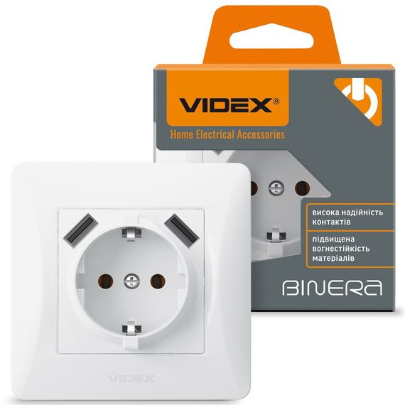 Одинарна розетка із заземленням 2 USB і підвищеною вогнетривкістю VIDEX BINERA VF-BNSK1GU2-W біла | Зображення 1